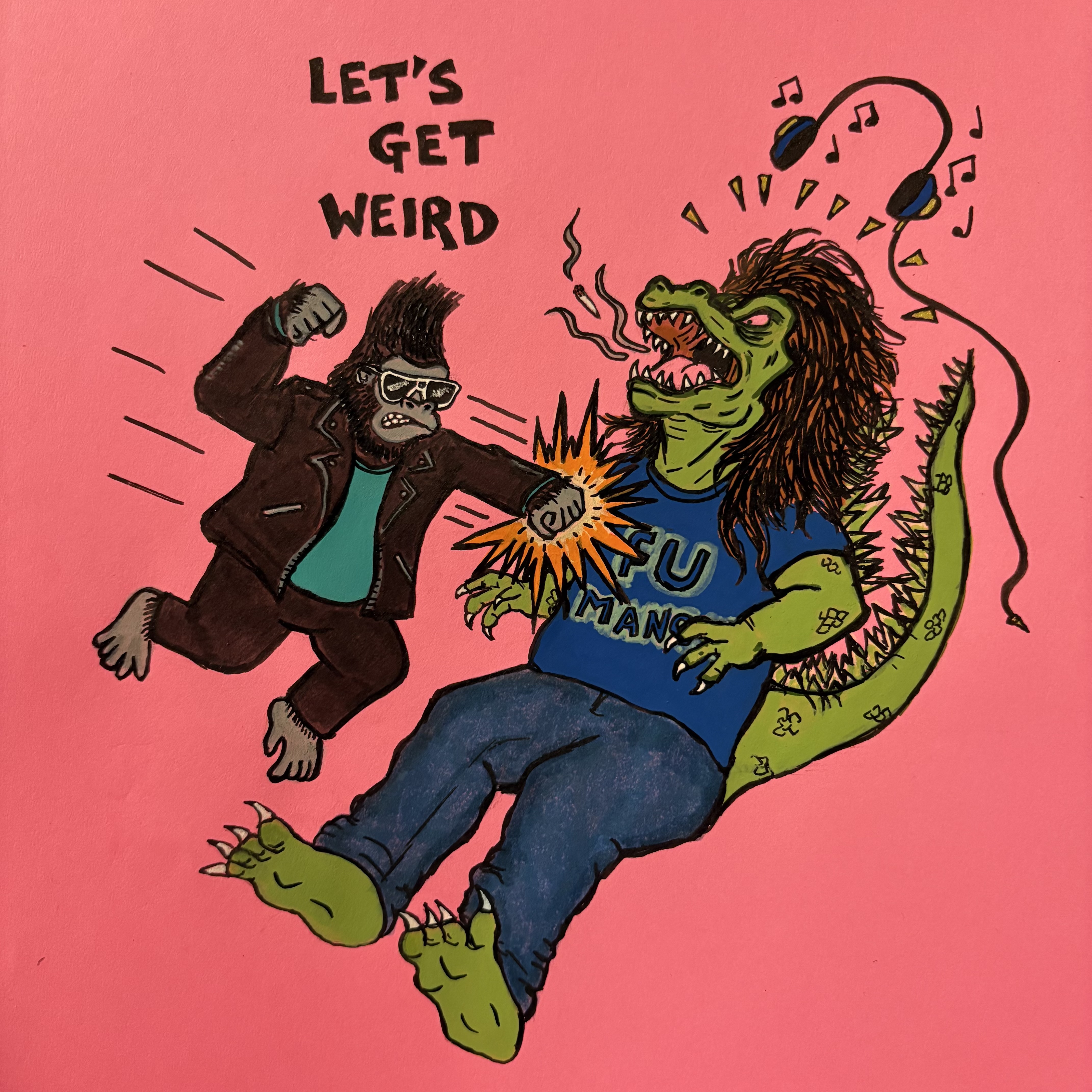 A mixed media illustration of the gorilla from Sing 2 punching a stoner Godzilla while he was just trying to chill out and listen to Let's Get Weird!